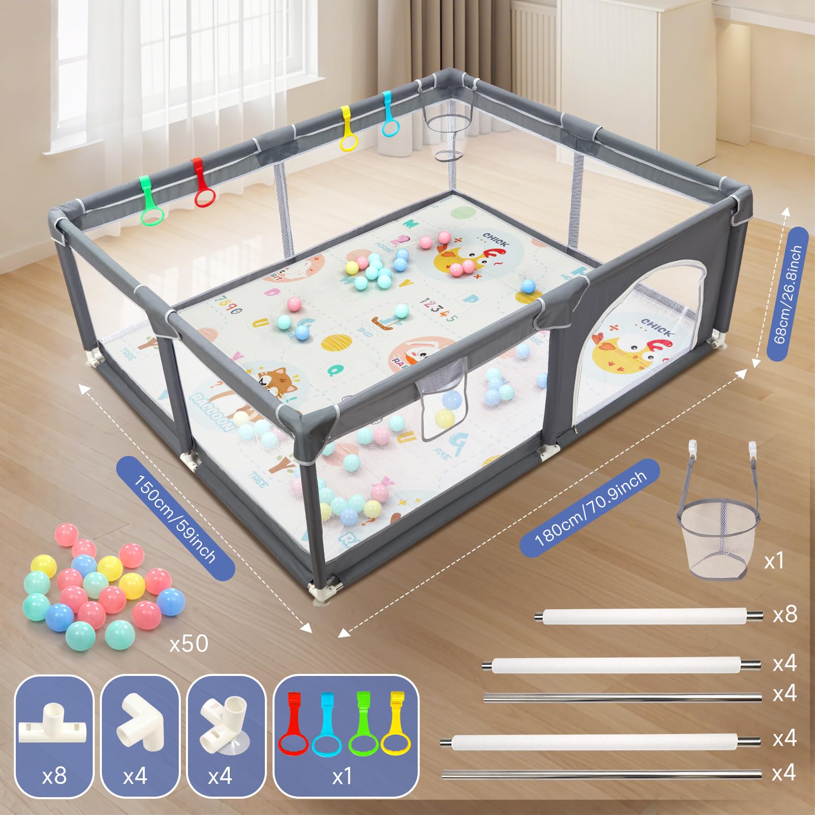 CHOLY Box per bambini 150 x 180 cm, con rete traspirante visibile, parco giochi extra grande (grigio scuro con tappetino da gioco B, 150 x 180 cm)