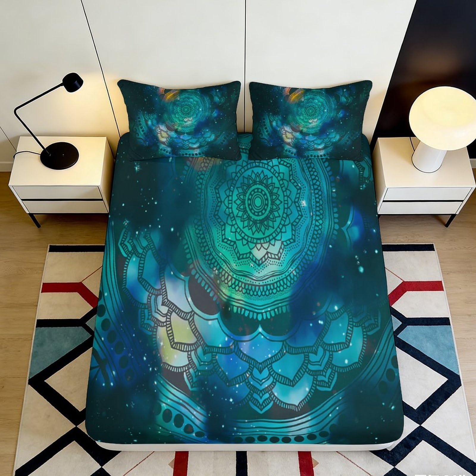 3D Printed Emerald Mandala Fitted Sheet Microfiber Abstract Geometric Mattress Cover for Bedroom Guest Room Decor 90x200x25cm