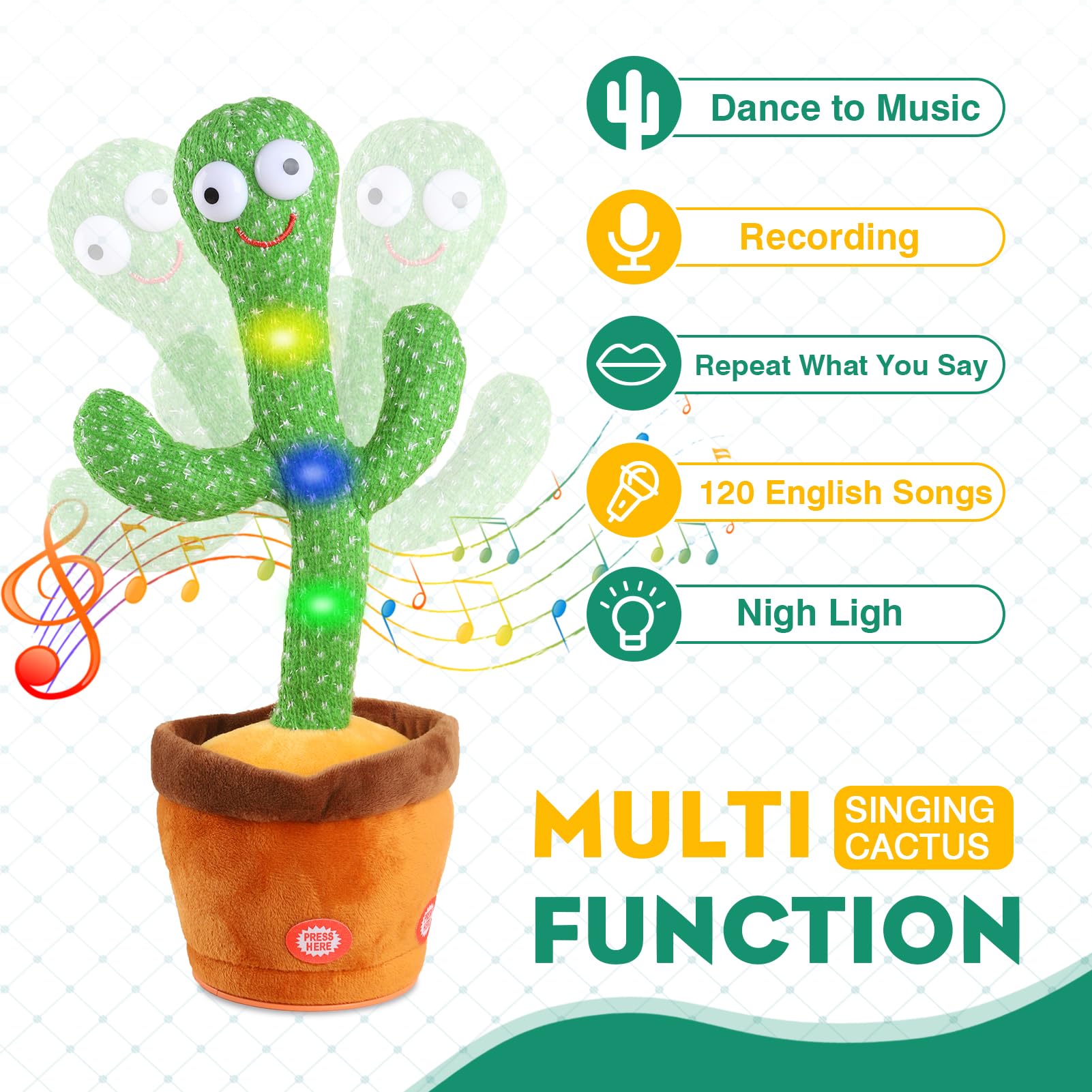 Cactus Dansant Parlant Chante Répète Jouet Bébé Peluche Interactive avec 120 Chansons pour 6 Mois+ Enfants