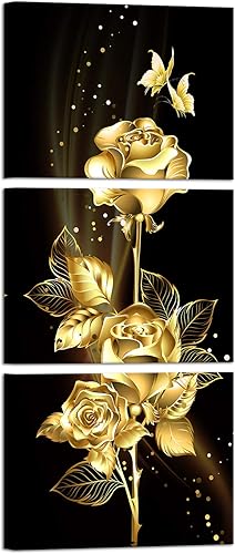 Biuteawal Lienzo decorativo para pared, diseño de rosas doradas y mariposas sobre lienzo, elegante cuadro floral, 3 paneles, obras de arte