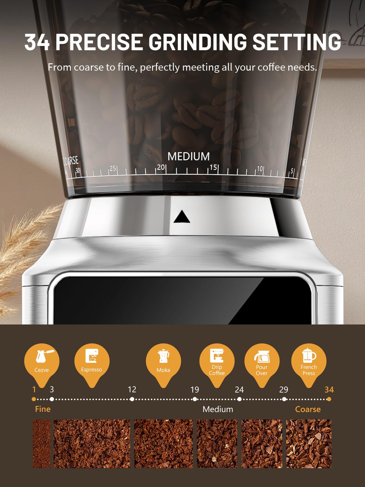 Burr Coffee Grinder, Keenstar Conical Coffee Bean Grinder with 34 Grind Settings for Home Use, Precision Timer, Touchscreen, Anti-static, Stainless Steel, Easy to Clean with Brush