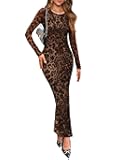 Women's Bodycon Maxi Dress Fall Fashion Long Sleeve Floral Print Tight Fitted Party Club Ruched Dresses
