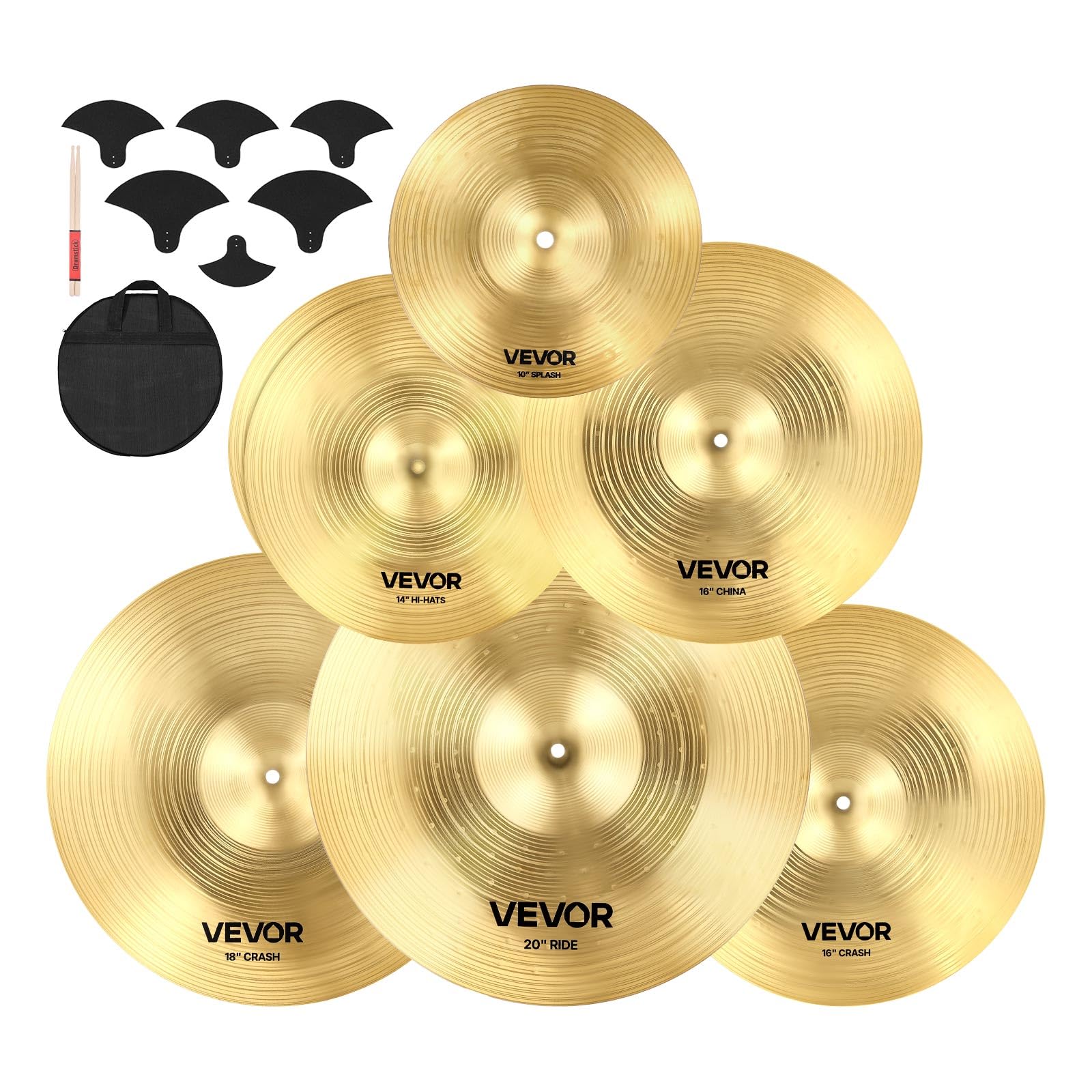 VEVOR Set di Piatti per Batteria, 6 Pezzi per Batteria in Lega, Hi-​Hat da 355 mm, Crash da 400 mm/​455 mm, Ride 505 mm, Splash da 254 mm, China da 400 mm, Bacchette e Custodia per Piatti