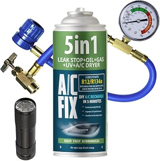 AC Fix 5 en 1 – sustituto R134a + Manguera + Linterna, 235 g Refrigerante para Aire Acondicionado de Coche con Aceite, sellador, Tinte UV y desecante. Aplicación rápida. Protege el compresor.
