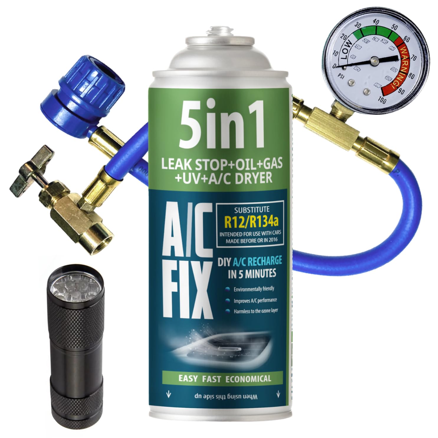 AC FIX 5 en 1 – R134a + R134a XL 470 g Refrigerante para aire acondicionado de coche con aceite, sellador, tinte UV y desecante. Aplicación rápida. Protege el compresor. - 2
