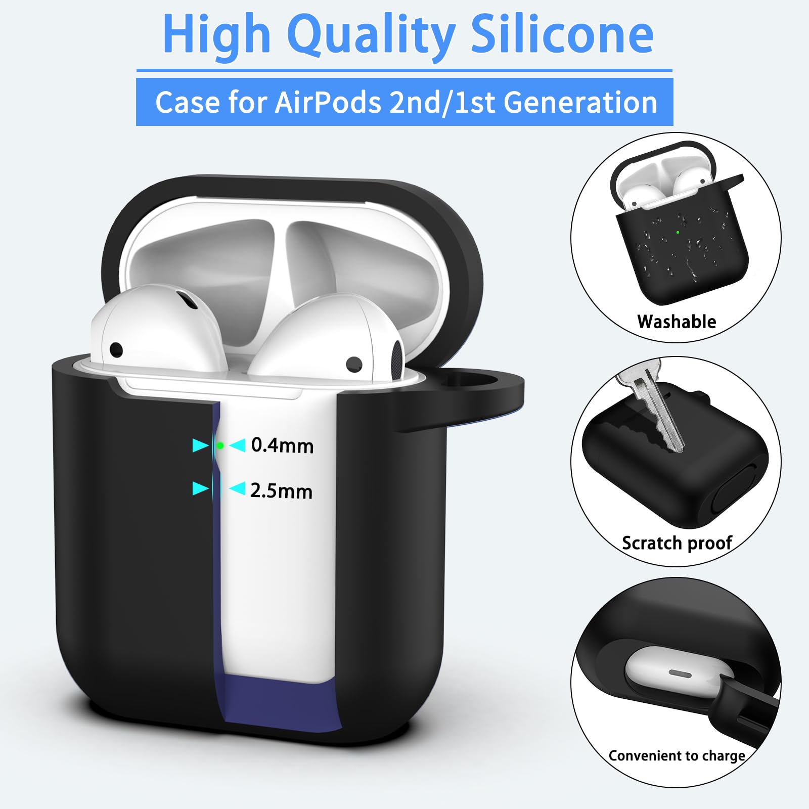 Custodia per Airpods 1a/2a generazione (2016/2019),Custodia protettiva in morbido silicone per Airpods 1a/2a con LED visibile sulla parte anteriore,con kit di pulizia,Nero