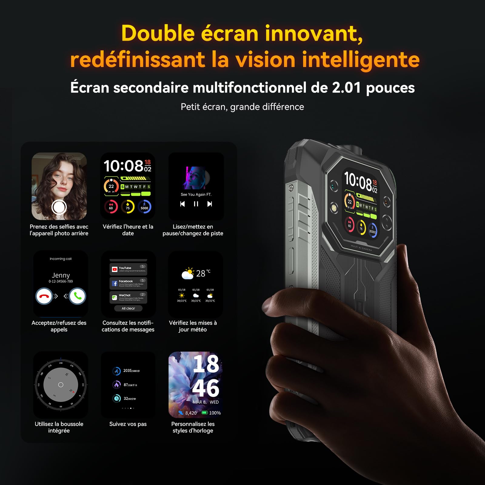 Blackview ROCK 1 Téléphone Portable Incassable Android 16, 24GB+256GB Téléphone Incassable, 20MP Vision Nocturne, 15000mAh, Gemini AI, 6.56" HD+ 2.01" Écran, Étanche IP69K, NFC/GPS/OTG/2 Ans Garantie