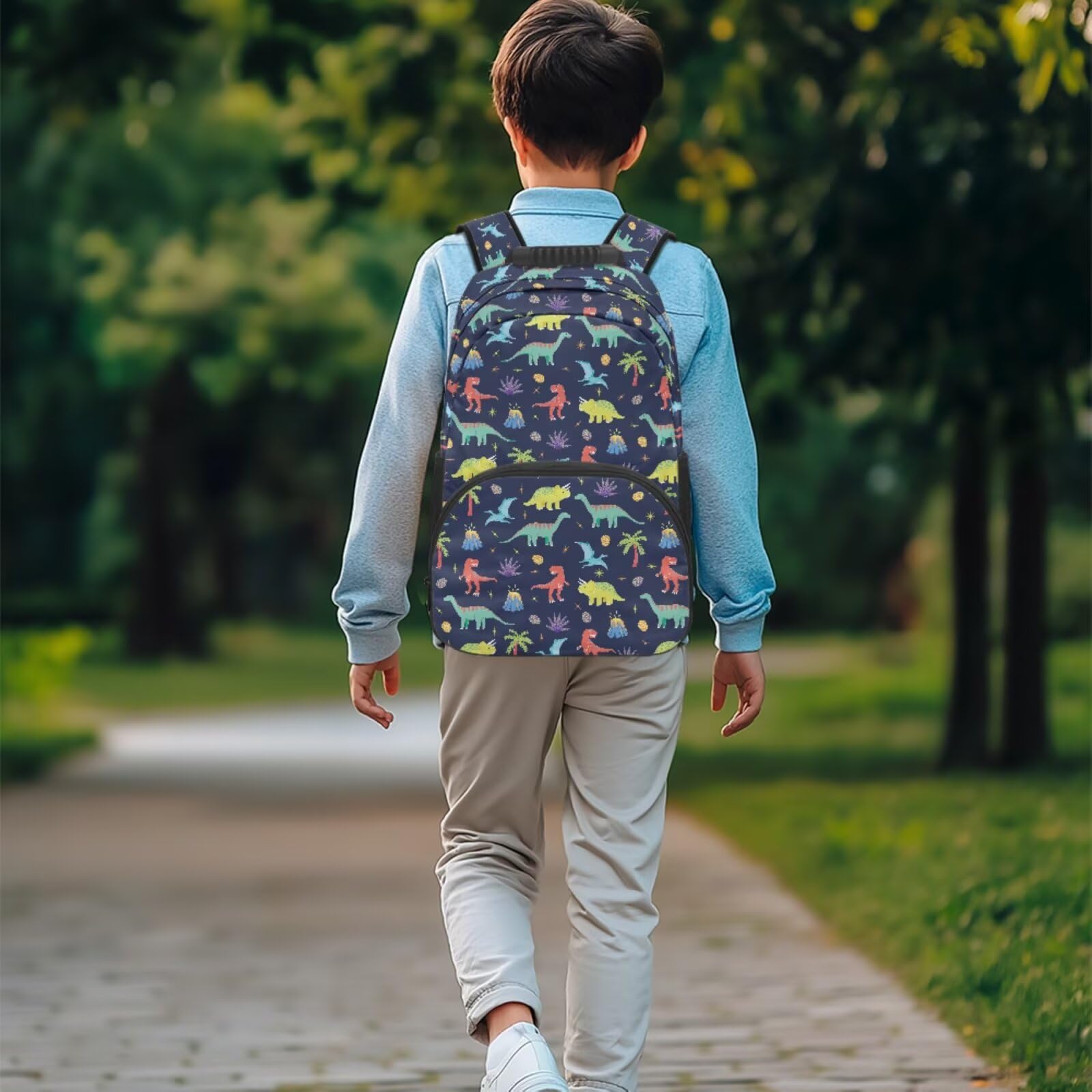 Zaino per bambini a forma di cartone animato per libri scolastici con borsa per il pranzo, astuccio per matite, custodia per bottiglie, portachiavi con ciondolo, set, Dinosauro cartone