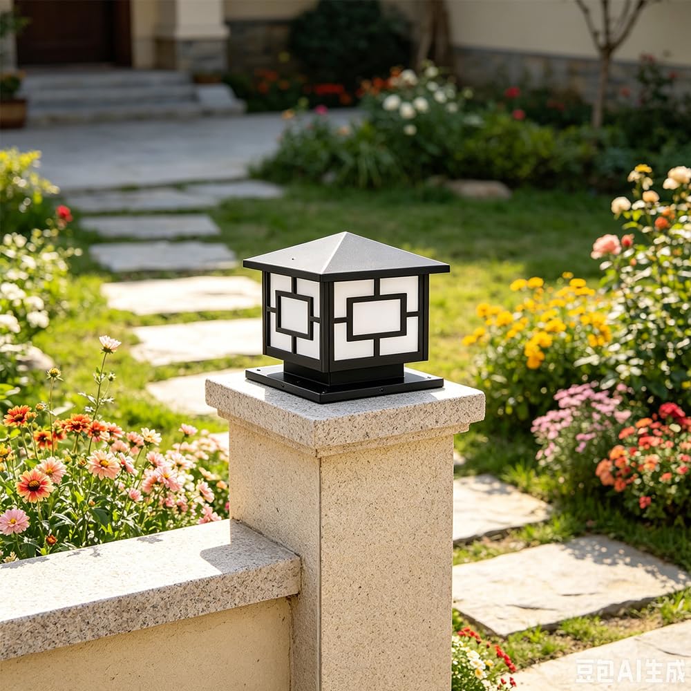 Lampe de Poteau Extérieur Pilier étanche Lanterne E27 Cour Villa Jardin Colonne Phare avec Interrupteur étanche Vintage Lampe Pilier Portail Lampe Rétro Jardin Pilier Pour Patio chemin, Noir