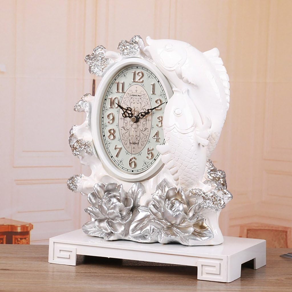 Retro Mantel/Mantle Rhythm Quartz Clock Double carp Living Room Desk Shelf Clocks Decoration (Color : White)