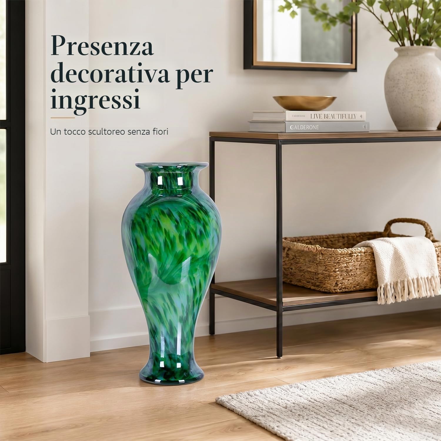 Vaso di vetro verde alto 50,8 cm, soffiato a mano, grande vaso di vetro da pavimento, decorazione per la casa, graziosi moderni vasi di fiori verde scuro, Jarrones Grandes para Sala Elegantes, grandi