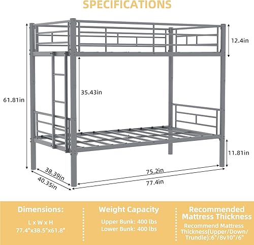 Miniatura 55 de GNIXUU Literas de tamaño individual sobre matrimonial, marco de literas bajas de metal resistente con barandilla de seguridad y escalera para