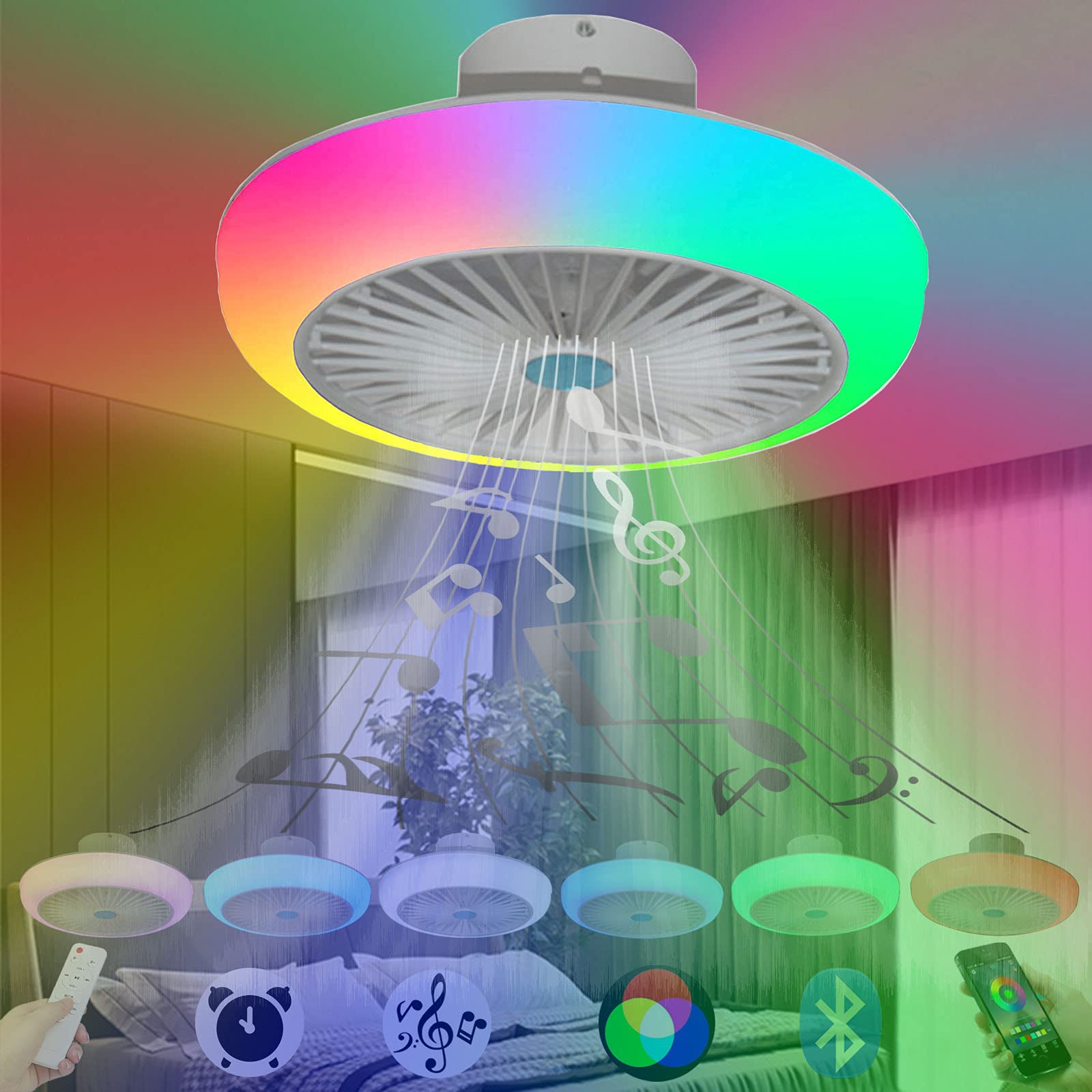 VOMI LED RGB Deckenventilator mit Beleuchtung Licht Fernbedienung Leise Kinderzimmer Flach Farbwechsel Deckenleuchte mit Ventilator Dimmbar Musik Bluetooth Lautsprecher Schlafzimmer Rund Weiß
