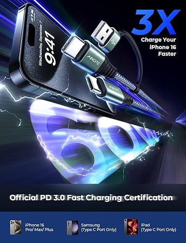 Vista 25 de AINOPE Cable USB C a USB C, paquete de 2 cables USB C de 6 pies de carga rápida con adaptador USB a USB C, cable USB a USBC de 60 W para iPhone 17