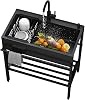 Stainless Steel Black Kitchen Sink, 68 cm, 1 Basin, Freestanding Outdoor Utility Sink Washbasin with Workshop