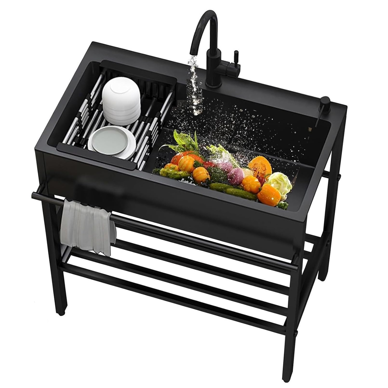Stainless Steel Black Kitchen Sink, 68 cm, 1 Basin, Freestanding Outdoor Utility Sink Washbasin with Workshop