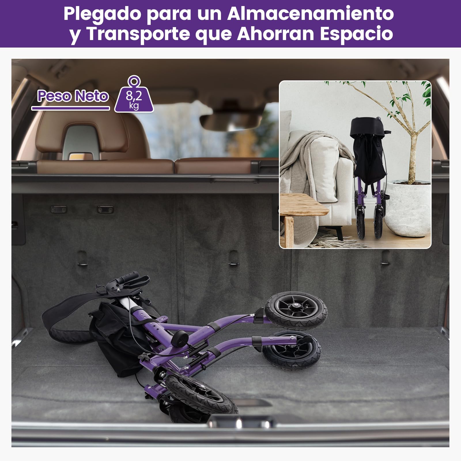 COSTWAY Andador Plegable para Ancianos con Asiento, Andadores Adultos con Ruedas Ajustable en Altura, Rueda Neumática Todo Terreno de 24 cm, Bolsa de Almacenamiento, Capacidad 160 kg (Morado)