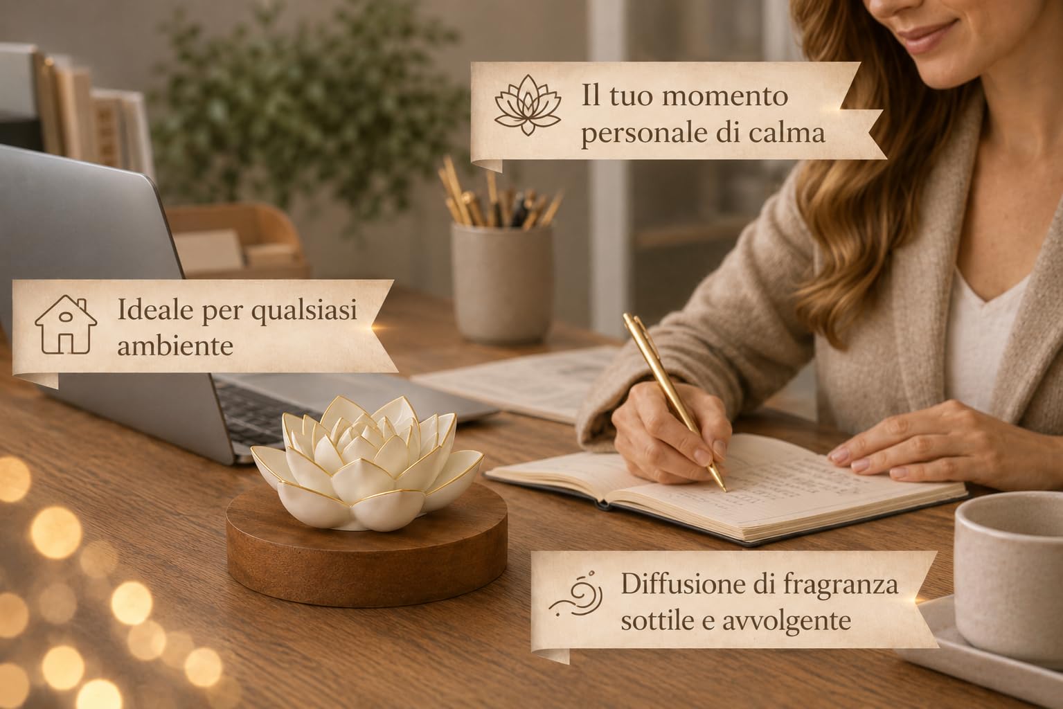 Lotus Aroma Diffusore – Pietra profumata fatta a mano in gesso con base in legno | Aromaterapia naturale senza elettricità | Include olio profumato Amber Serenity da 10 ml
