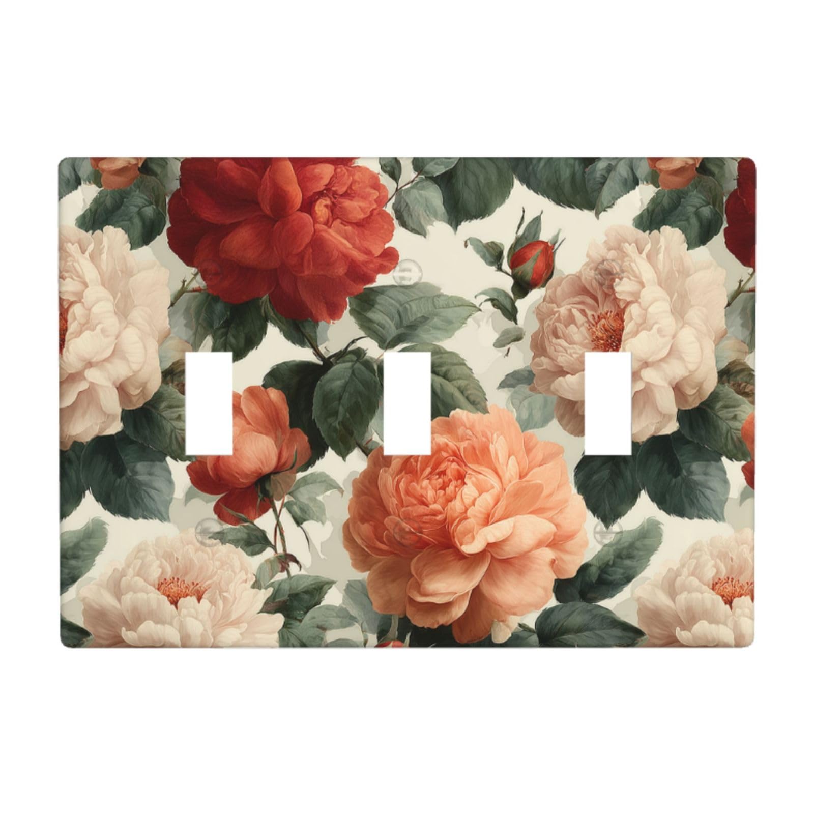 Woshuwo White Large Blooming Roses Light Switch Covers 3 Gang Triple Toggle Wall Plate Switchplate Electrical Faceplate For Bathroom Kitchen Bedroom Decor