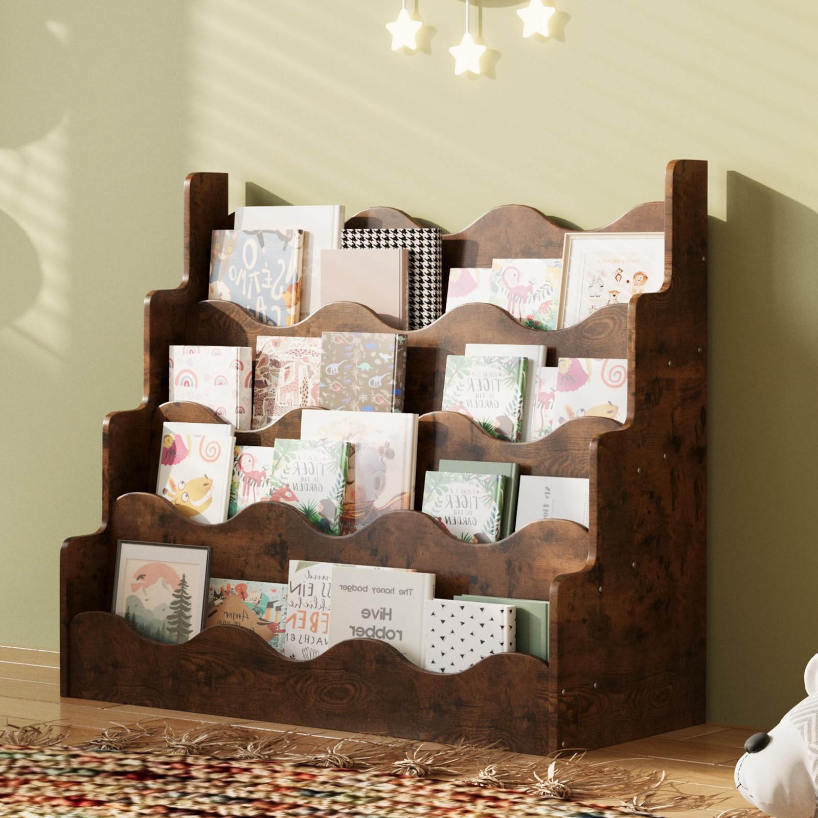KEEPREAPER Kinder Bücherregal aus Kieferholz, Montessori Kinderregal mit 4 Ablagen, für Kinderzimmer Spielzimmer, 80x38x80cm (Braun-Welle)