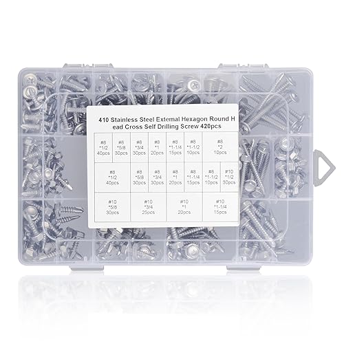 Miniatura 7 de Tornillos autorroscantes para metal, 420 tornillos autoperforantes de cabeza hexagonal #8#10#12 para metal, longitud de 12 a 2 pulgadas de diámetro,