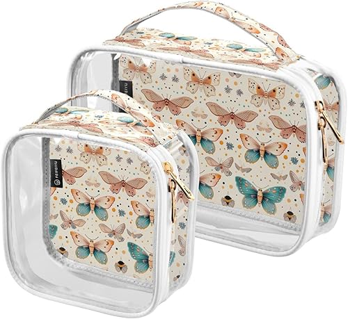 Bolsa de aseo transparente con mariposas para viajar, paquete de 2 bolsas de cosméticos de maquillaje con cremallera, bolsa de viaje para artículos