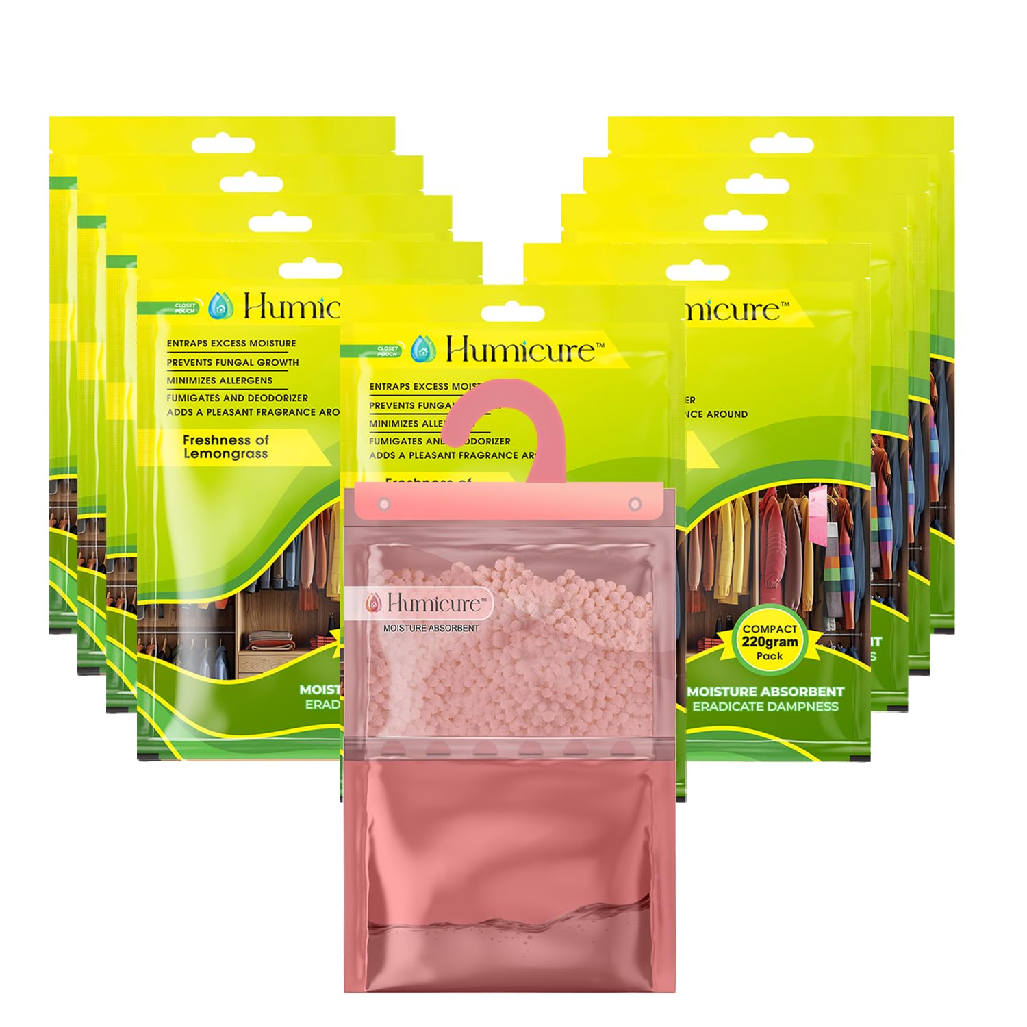 Humicure Moisture Absorber Dehumidifier | 500ml Absorption Capacity | Prevents Mold, Dampness & Odor in Wardrobe, Bathroom, Kitchen & Bedroom | 220g x 9 (Lemongrass)