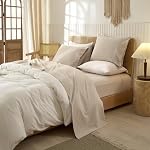 LIFETOWN 100% Washed Cotton 4 Pieces Sheet Set Linen Feel Natural Wrinkle Breathable Lightweight (Queen, Linen)