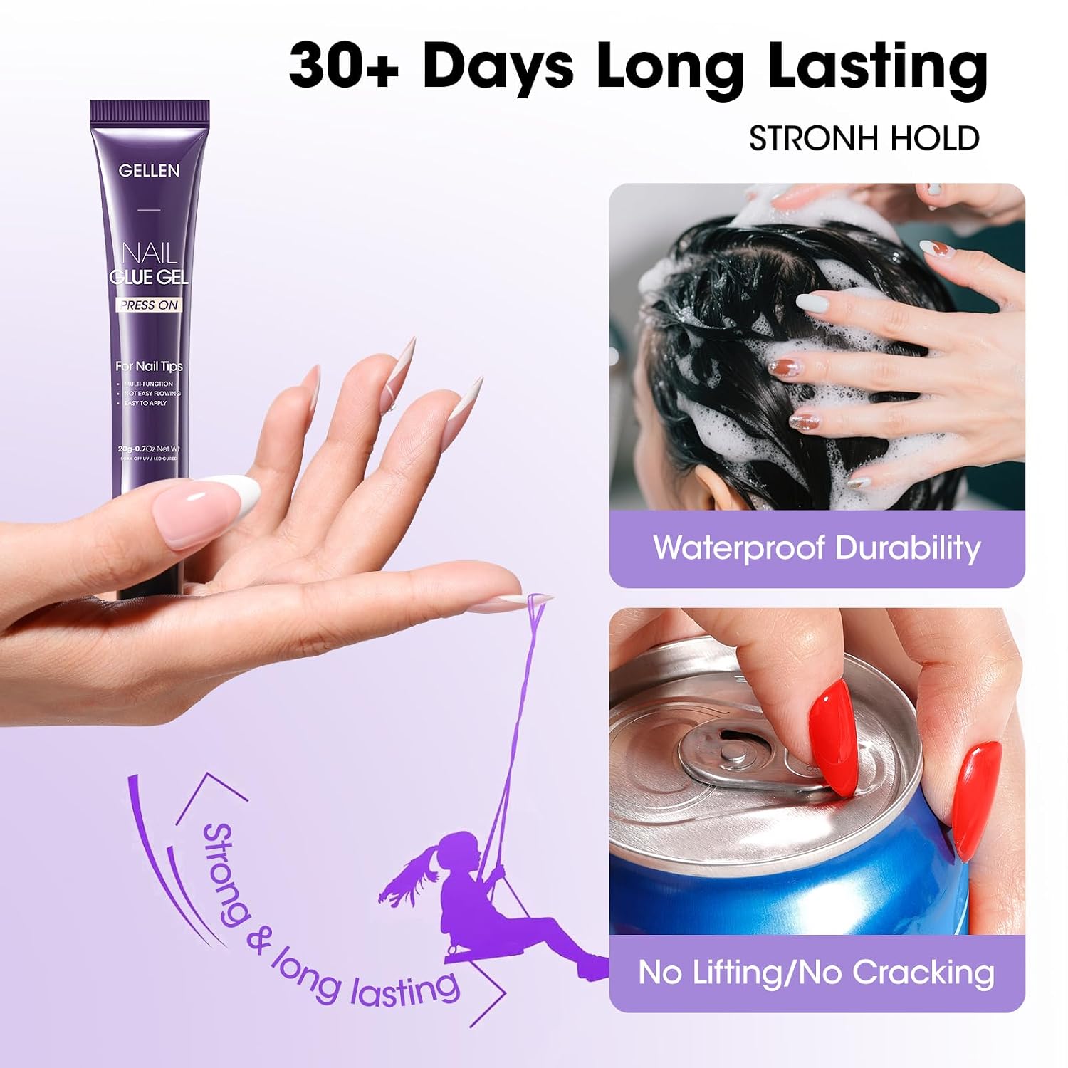 Gellen Nail Glue Remover, Nail Glue Remover for Press on Nails, UV Gel Nail Glue for Press Ons, Long Lasting Semi Solid Nail Glue Gel, 10s Quick Remove for Nail Tips Fake Nails