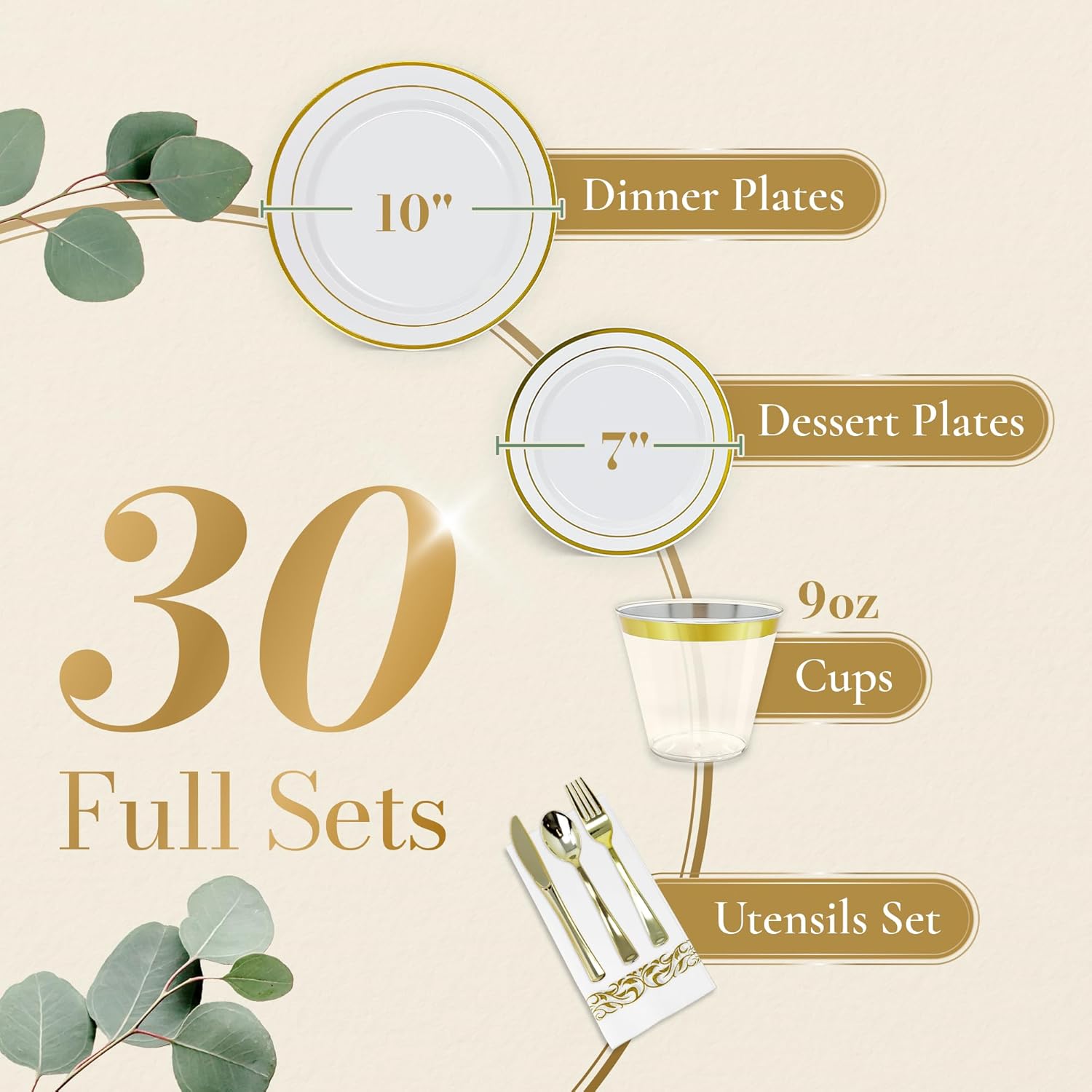 Reli. Plastic Plates for Party | 210 Pieces | White w/Gold Rim | Plates and Napkins Party Supplies | Disposable Dinnerware Set for 30 Guests | Dinner & Dessert Pack, Gold Cutlery Set, Napkins, Cups - Image 2