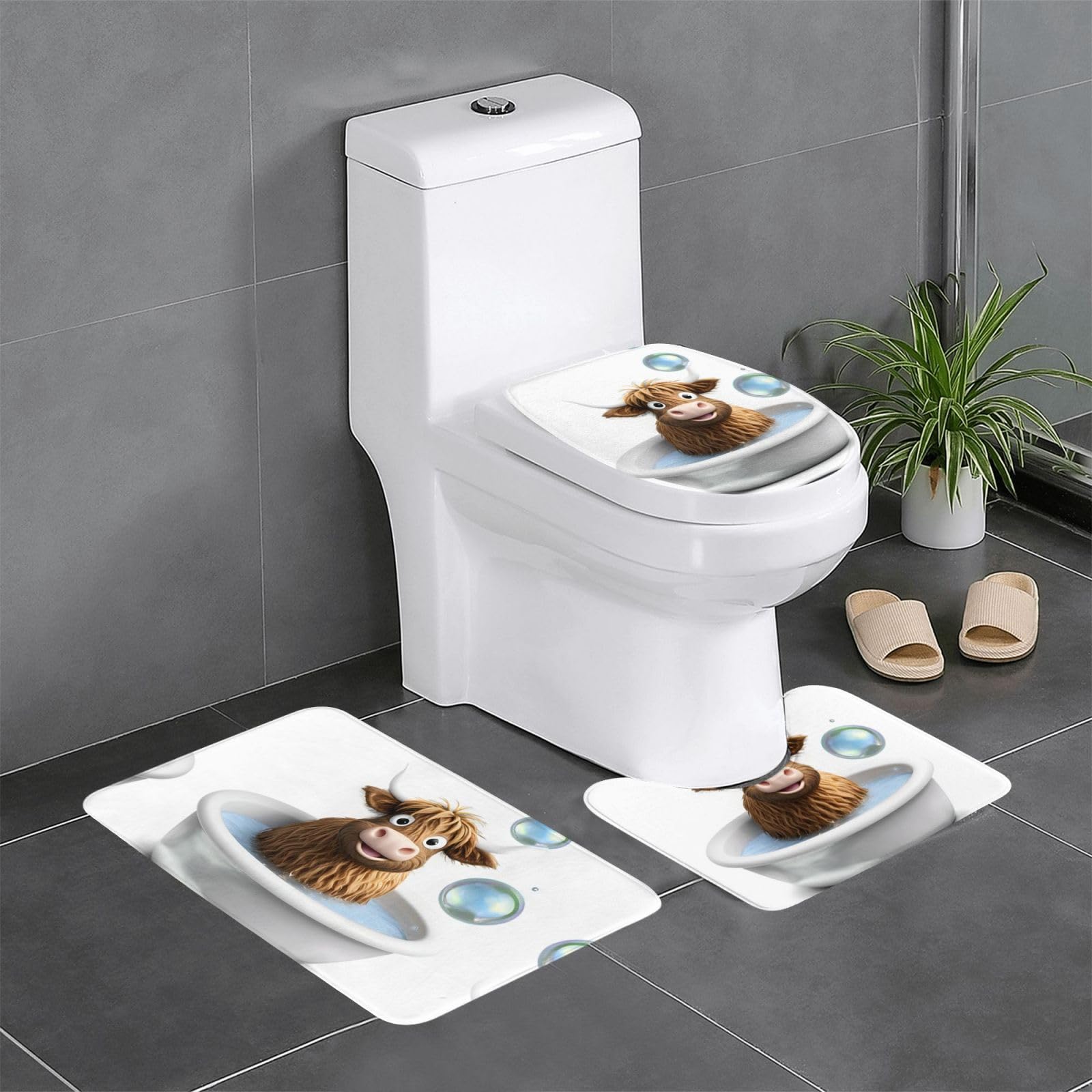 Tapis de bain design vache des Highlands set de 3 pour décoration wc et coiffeuse