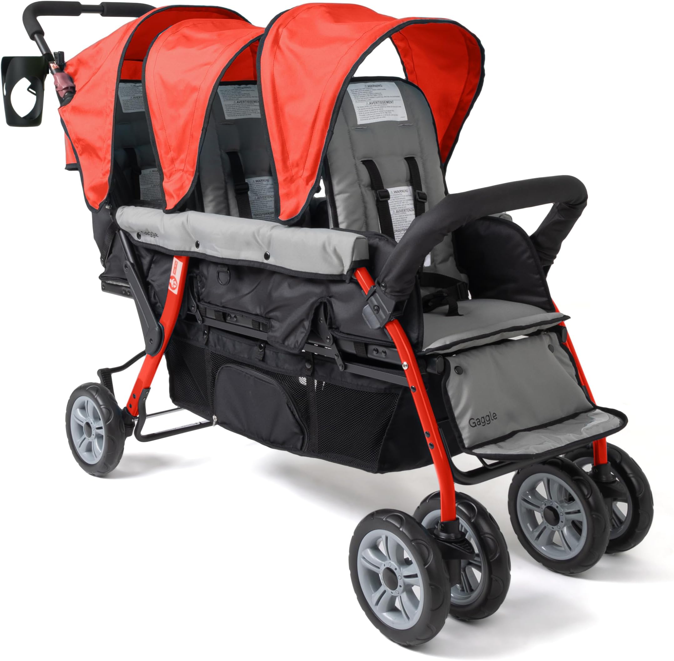 Gaggle by Foundations Compass 3 Seat Triple Stroller | Foot Brake | Shock-Absorbing All-Terrain Wheels | Easy Folding | Red