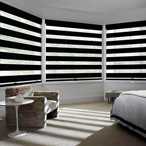 Persianas enrollables tipo cebra sin cordones para ventanas, opacas y de color negro, persianas y persianas de doble capa para filtrar la luz, 26