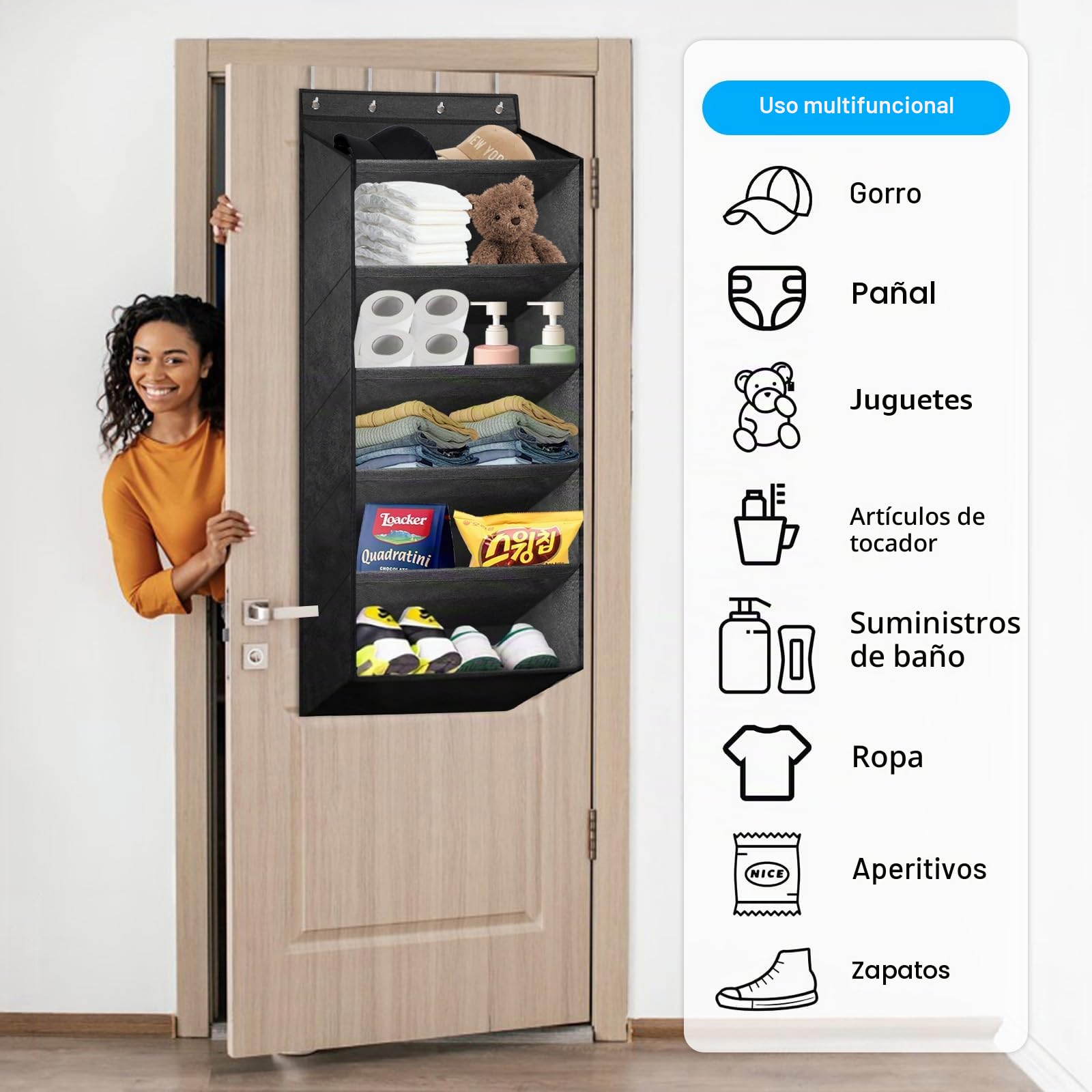 Zapatero para puerta, zapatero colgante, organizador de zapatos, puerta con 6 bolsillos profundos, se adapta a 12 pares de zapatos (negro)