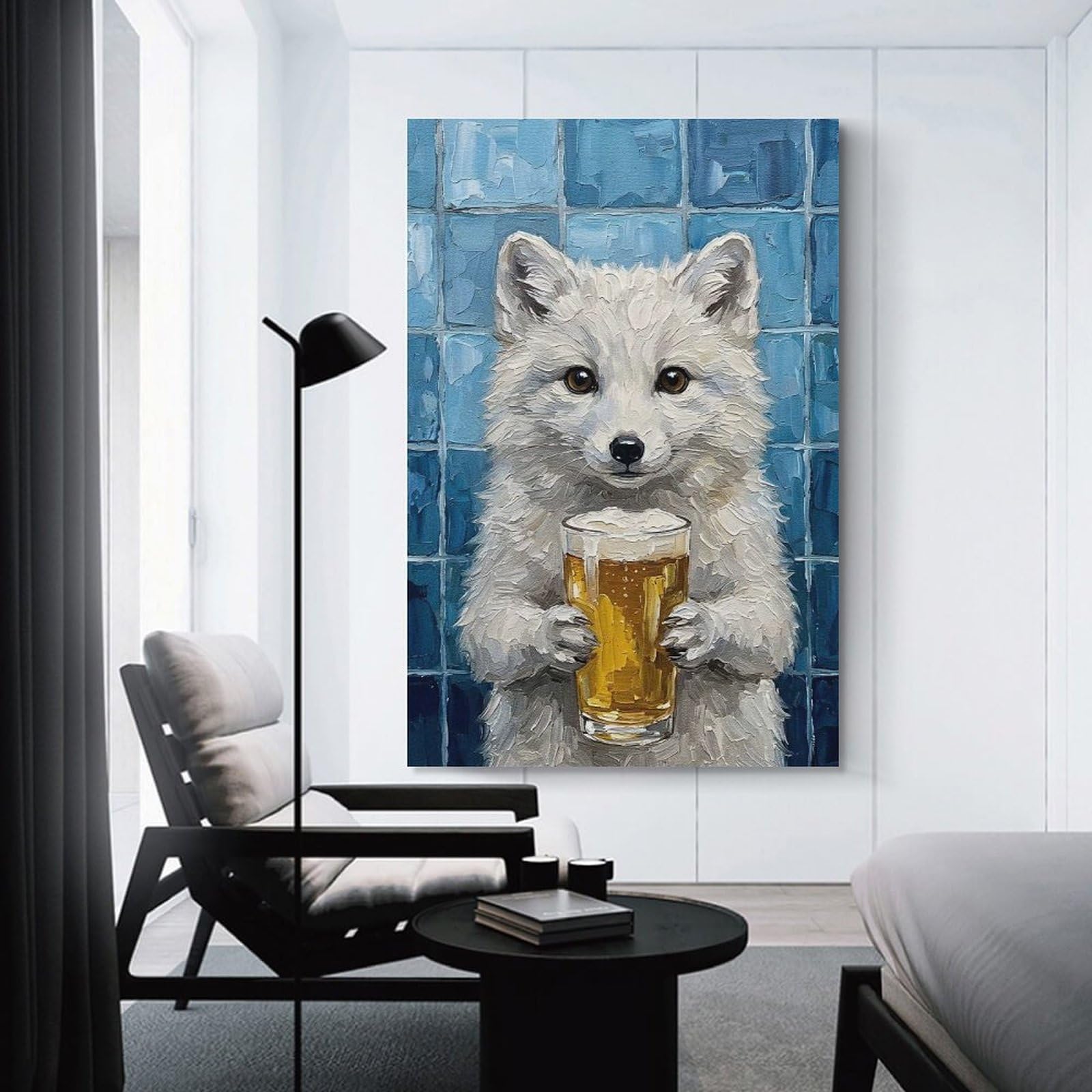 Junmoney Canvas Wall Art Arctic Fox with Beer Painting, 24x36inch(60x90cm), for Living Room, Bedroom, Office Or Hallway, Decorative Artwork with Broad Appeal