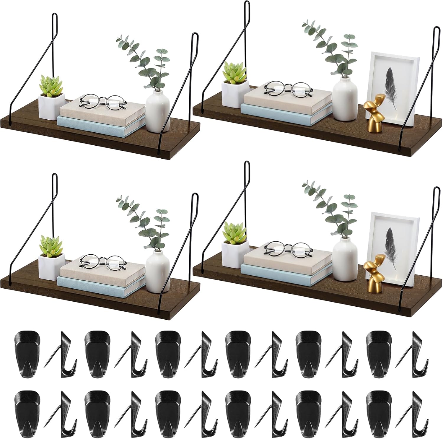 Ripeng 4 Pcs Floating Shelves 2 Sizes Rustic Wall Fabric Cubicle Shelf Mounted Set No Drill Hanging Wooden Farmhouse Storage with 24 Cubicle Hooks for Kitchens Bathrooms Bedrooms Office Plants Display