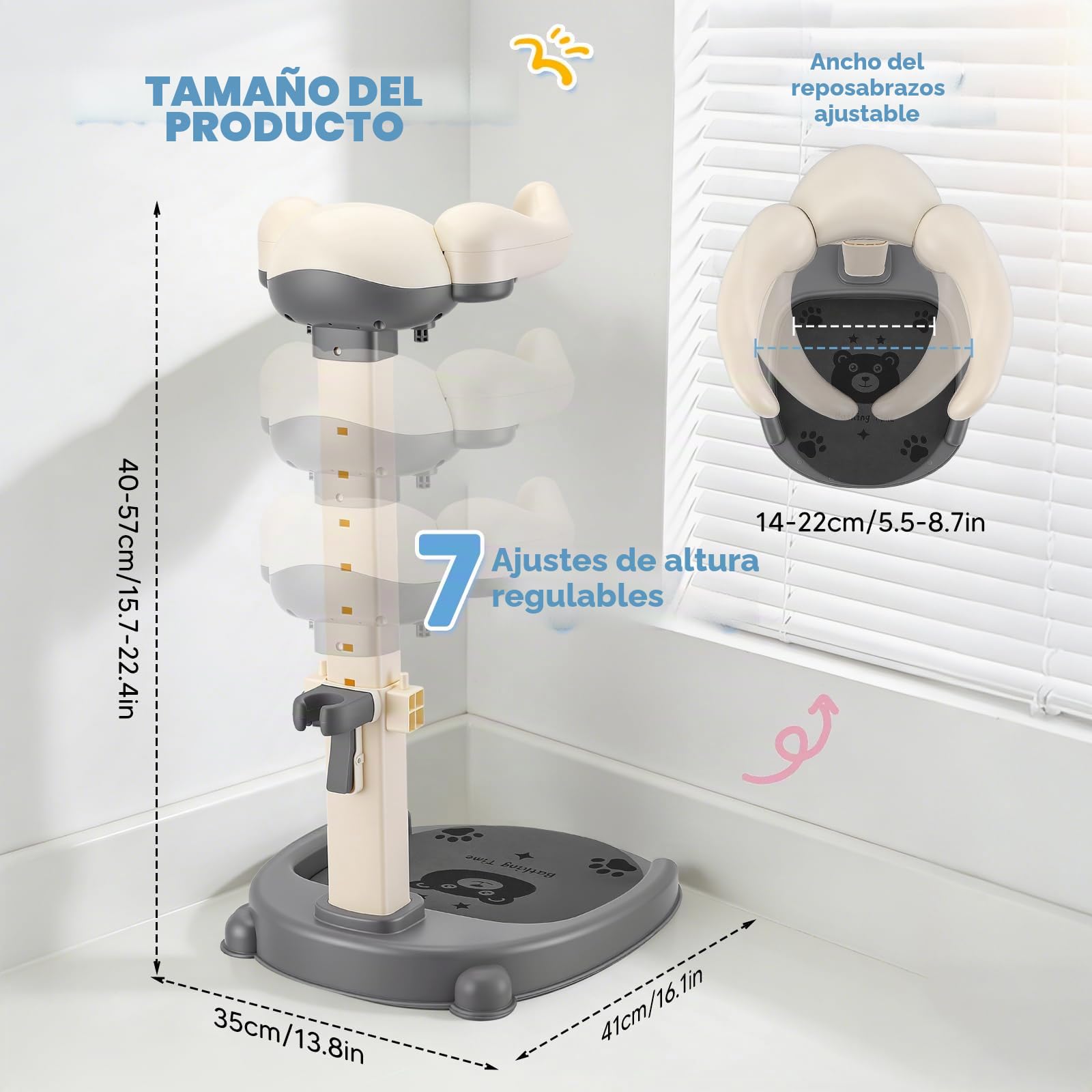 Soporte Ducha Bebé Regulable, Altura 40-57 cm Antideslizante | ABS sin BPA, 8 niveles de altura, reposabrazos regulables, soporte ducha, para bebés de 6-36 meses
