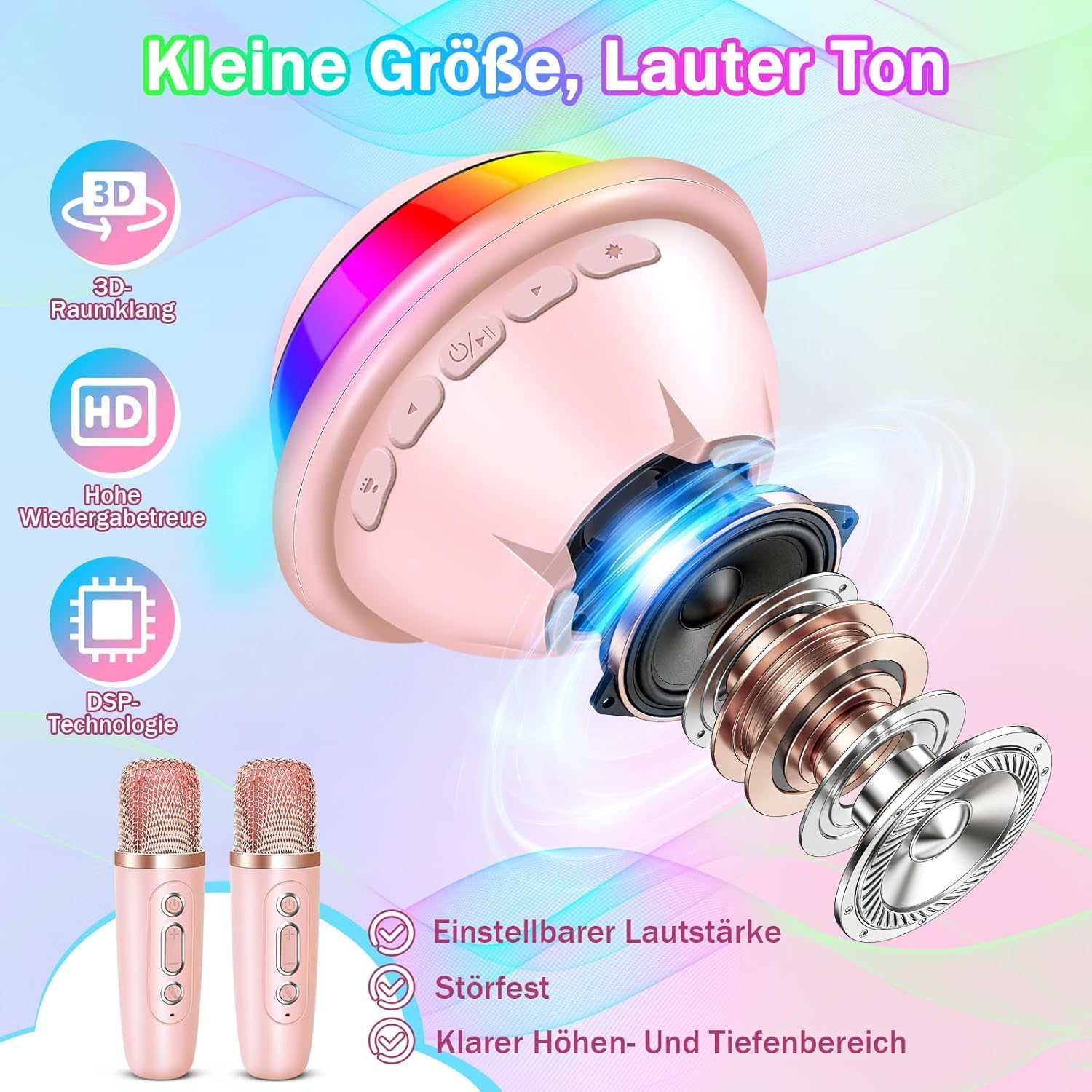 JONRRYIN Zestaw do karaoke z 2 mikrofonami, przenośna maszyna do karaoke Bluetooth dla dzieci ze światłem dyskotekowym i 5 efektami dźwiękowymi, głośnik Bluetooth dla dzieci, muzyka, prezent na Boże