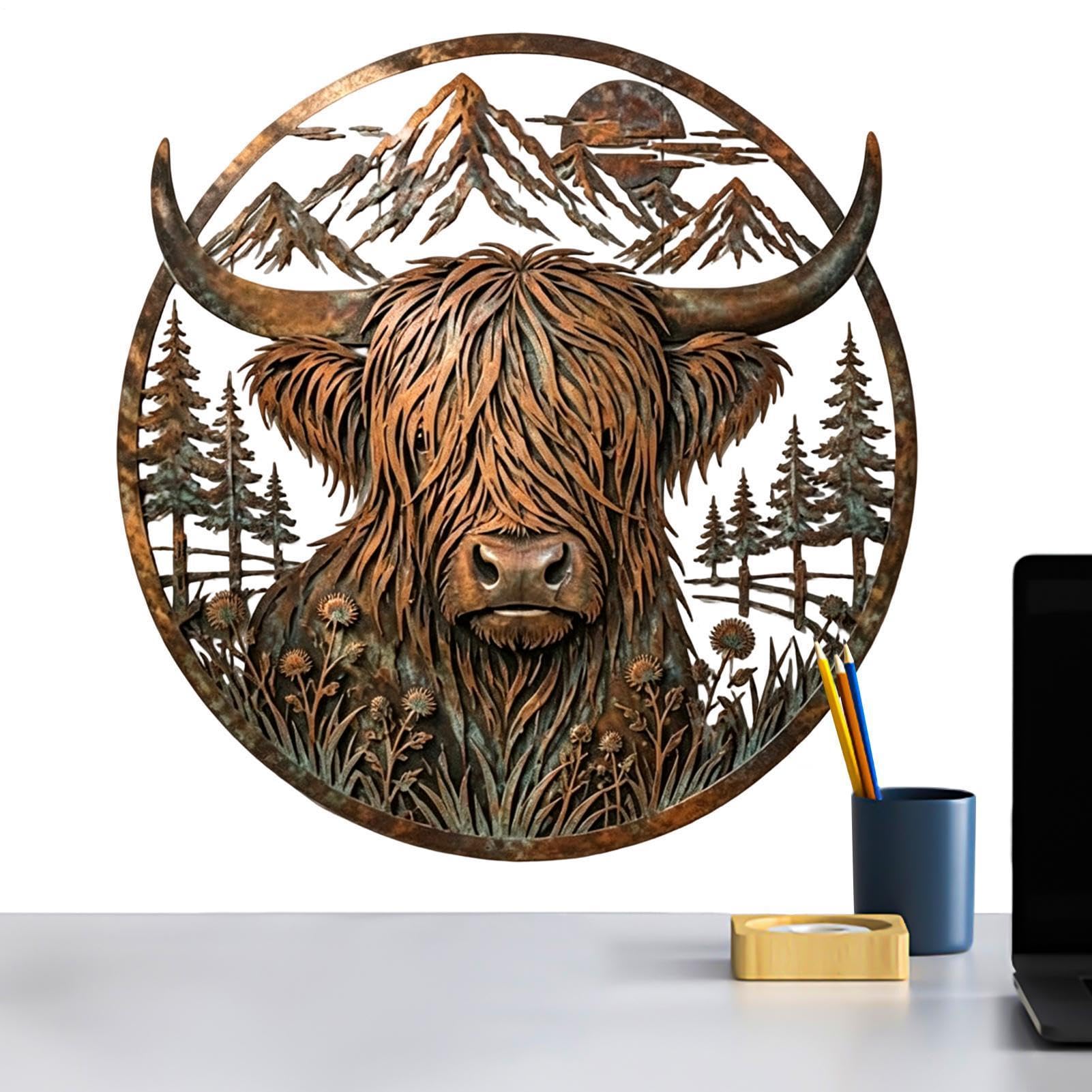 Wall Art Metal Farmhouse Vintage Mountain Cow Sign, Indoor Metal Wall