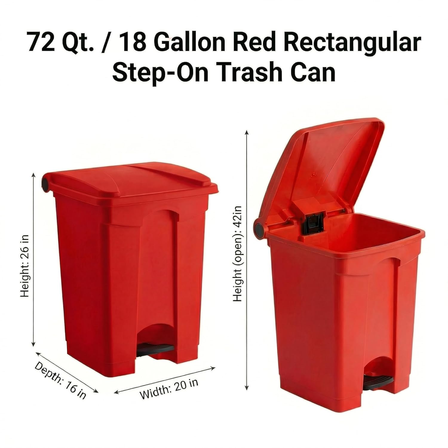 18 Gallon Red Step-On Trash Can | Hands-Free Rectangular Waste Bin with Lid, Color-Coded Commercial Garbage Can for Medical, Kitchen, Janitorial & Office Use, Durable Plastic