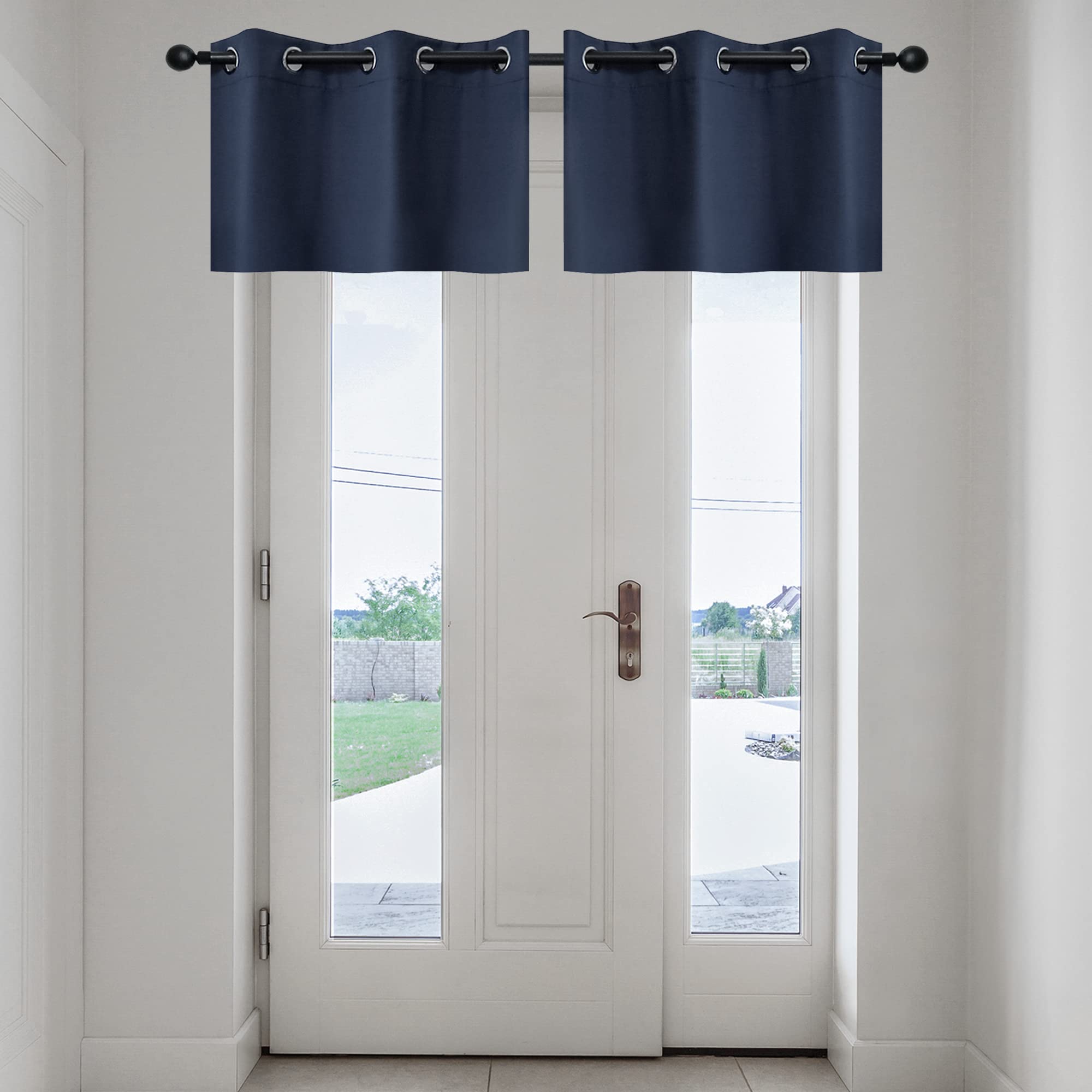 YGO Thermal Insulated Blackout Kitchen Valances Energy Efficient Grommet Top Valance Drapes for Small Window Navy Double Panels W29 x L18 Inch