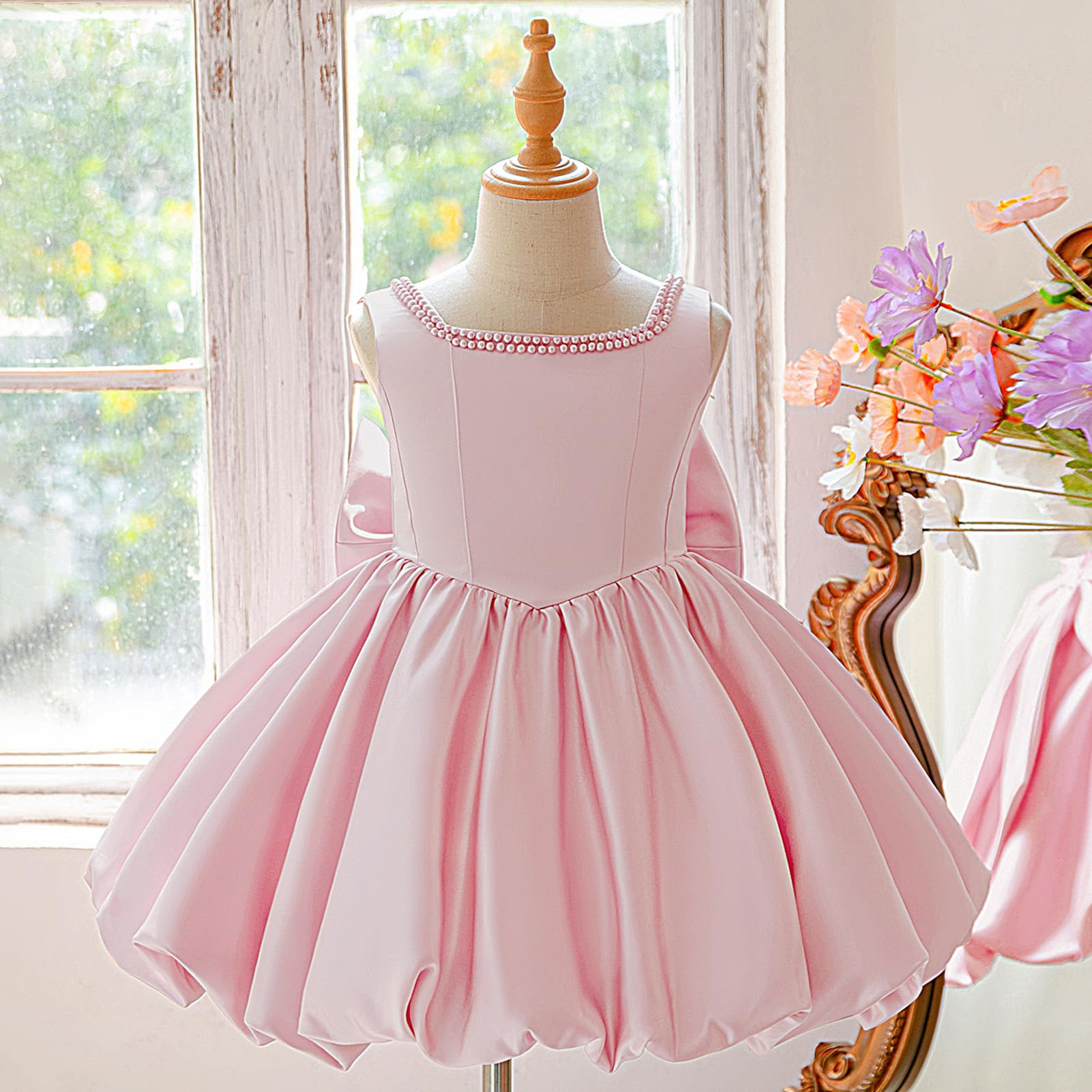 IBAKOM Blumenmädchenkleid Mädchen Elegant: Ärmellos Satinkleid Ballkleid für Kinder 4-8 Jahre - Festlich Prinzessinkleid für Hochzeit Geburtstag Party