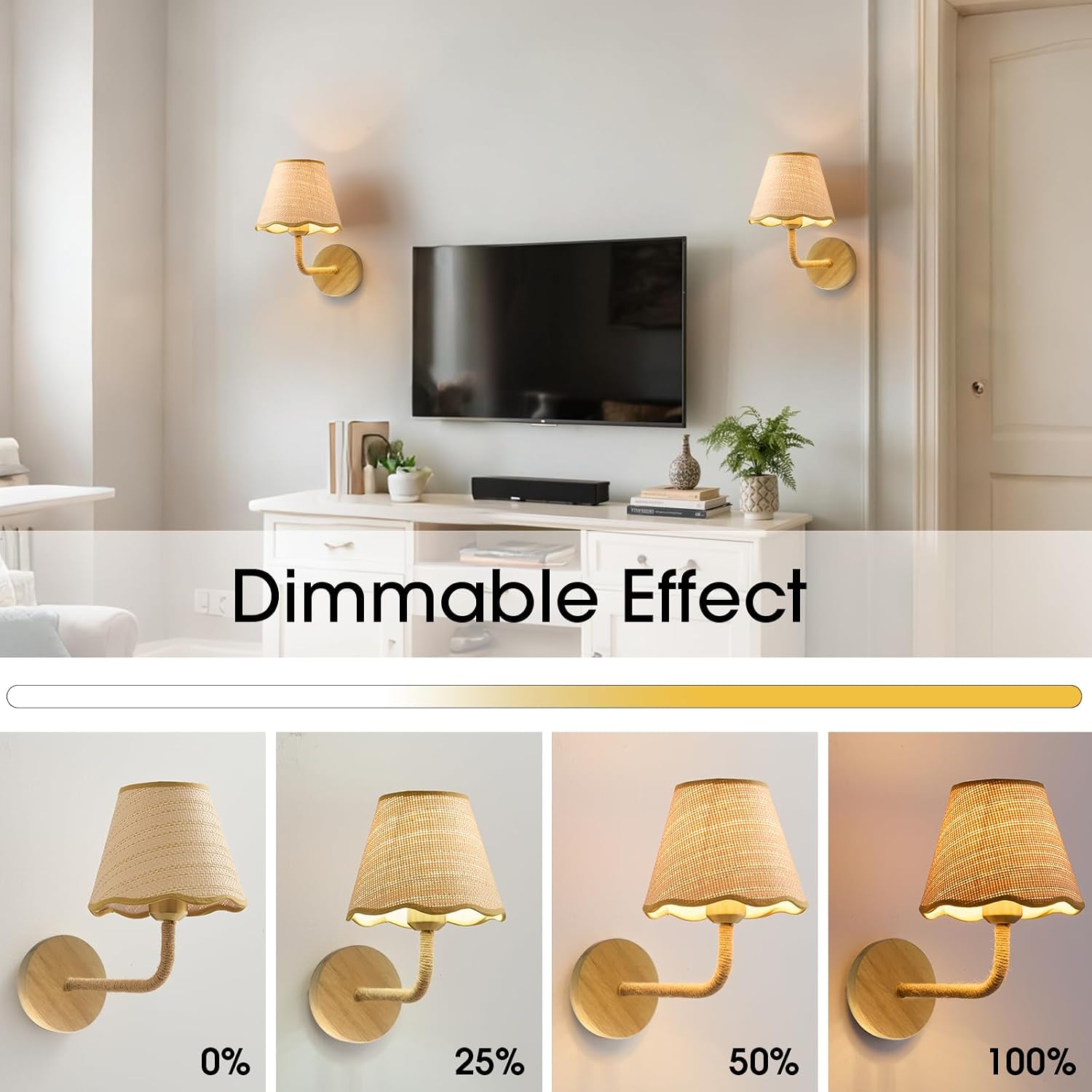 Set of Two Stick-On Hand Woven Wall Sconces, Battery Operated Wireless Wall Sconces with Remote Controlled, Adjustable Brightness Living Room Wall Decor(E26 Bulb Included)