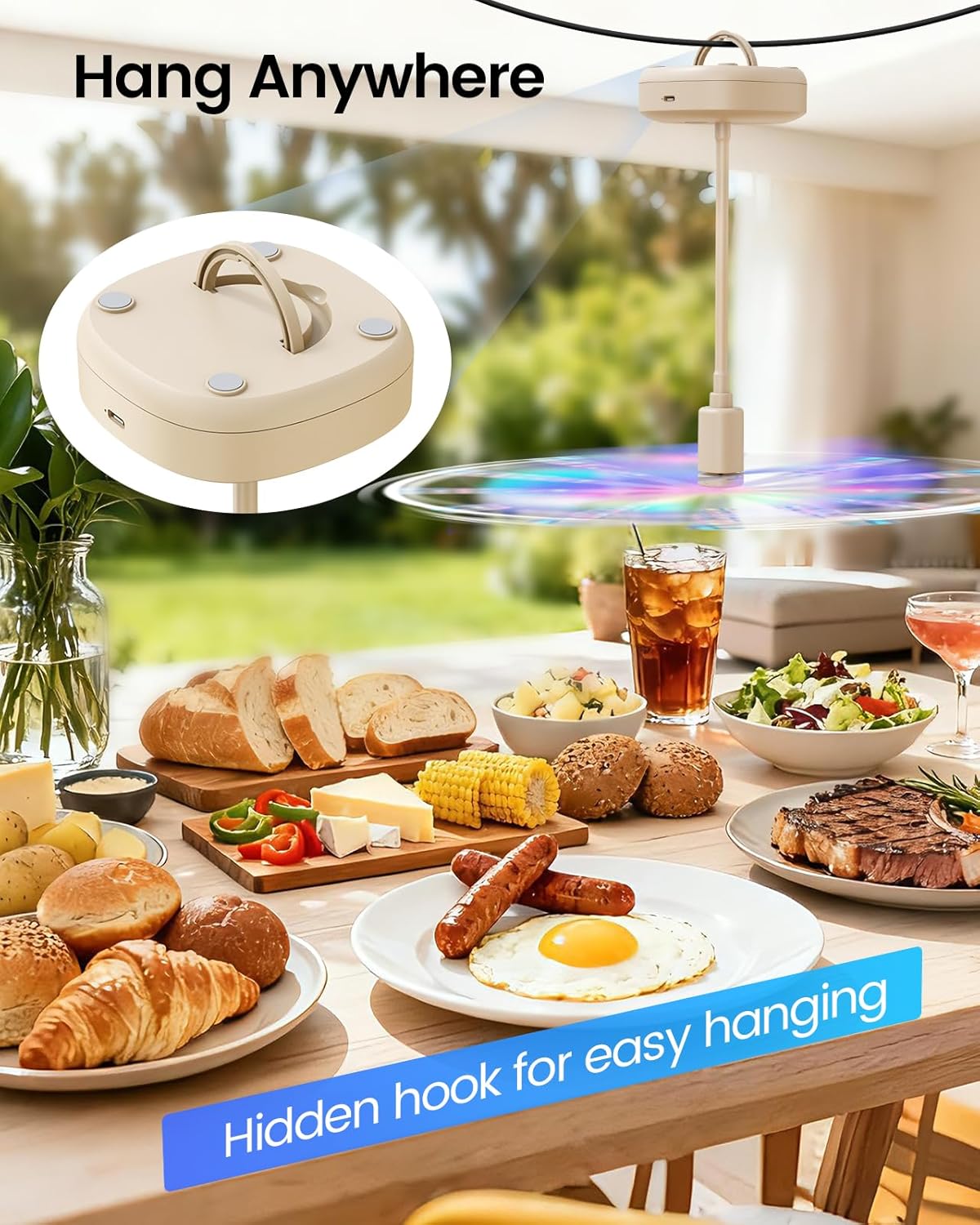 Edvision 4 Pack Food Table Fan, 2000mAh USB Powered Rechargeable Food Fan, Portable Fan with Flexible Goose-Neck and Soft Blades for BBQ, Patio, Party (Beige)