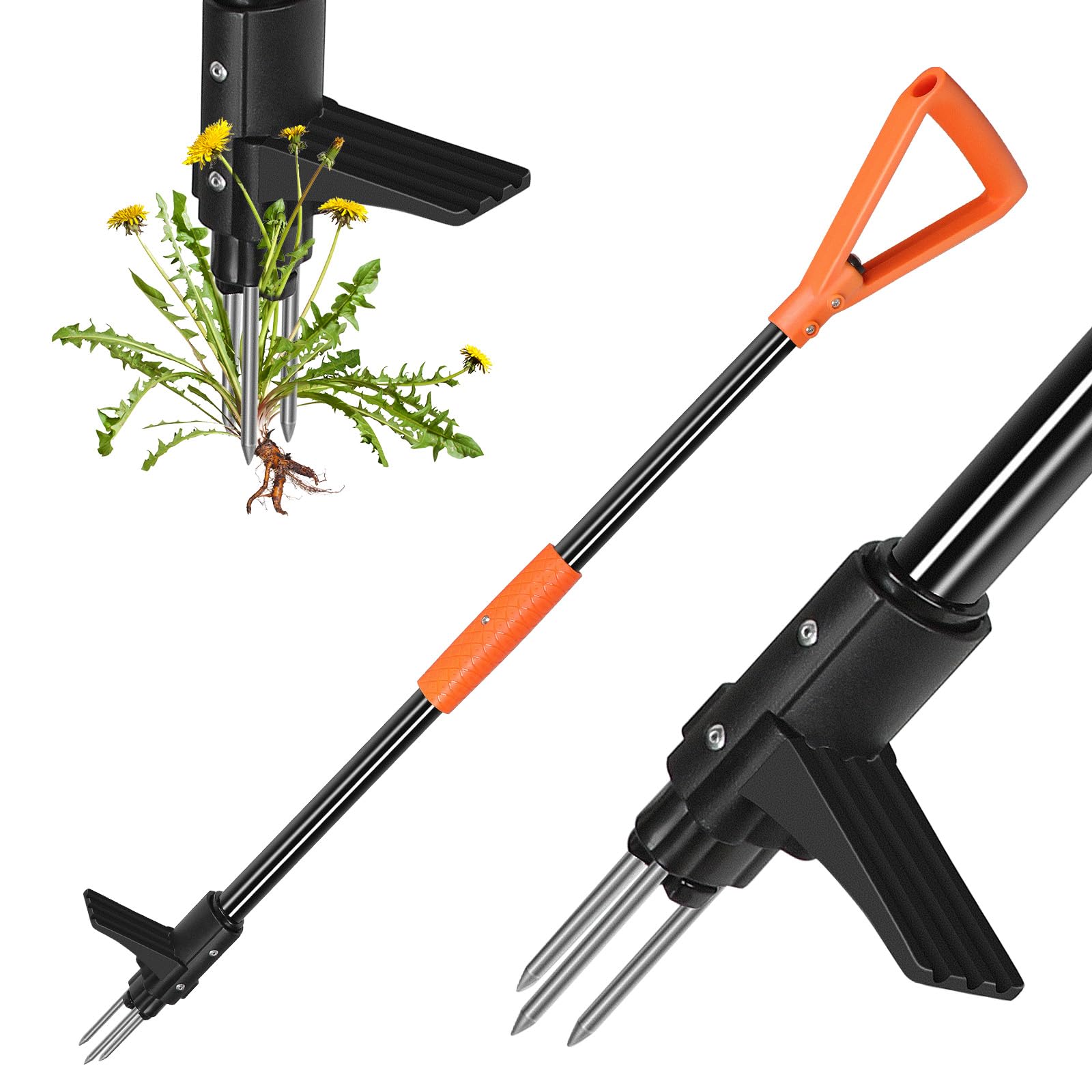 ORIENTOOLS Weed Puller Stand Up Weeder Hand Tool with 3 Claws for Dandelion, Steel Twist Hand Weed Root Pulling Tool, 38" Long Handle Lawn Easy Root Remover Garden Tool with T-Grip, Orange