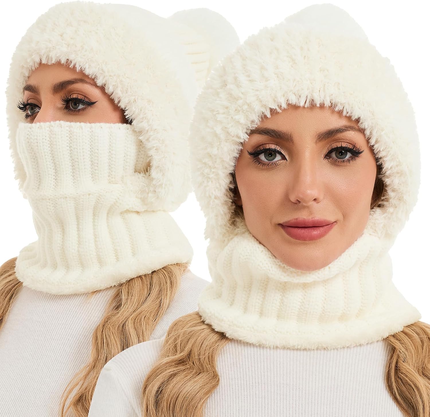 Sumolux 3 in 1 Beanie Hats for Women Fleece Lined Scarf and Mask Outdoors Windproof Knitted Ski Mask Set