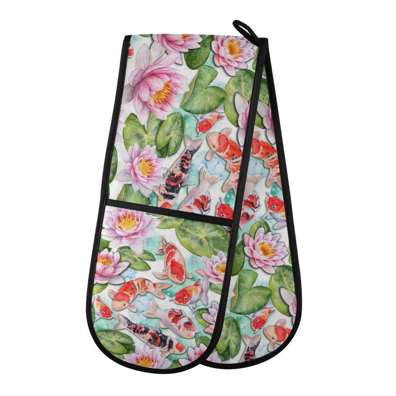 Double Oven Glove Japanese Carps Fish Flower Heat Resistant Double Ovens Mitt Modern Cooking Gloves Potholders