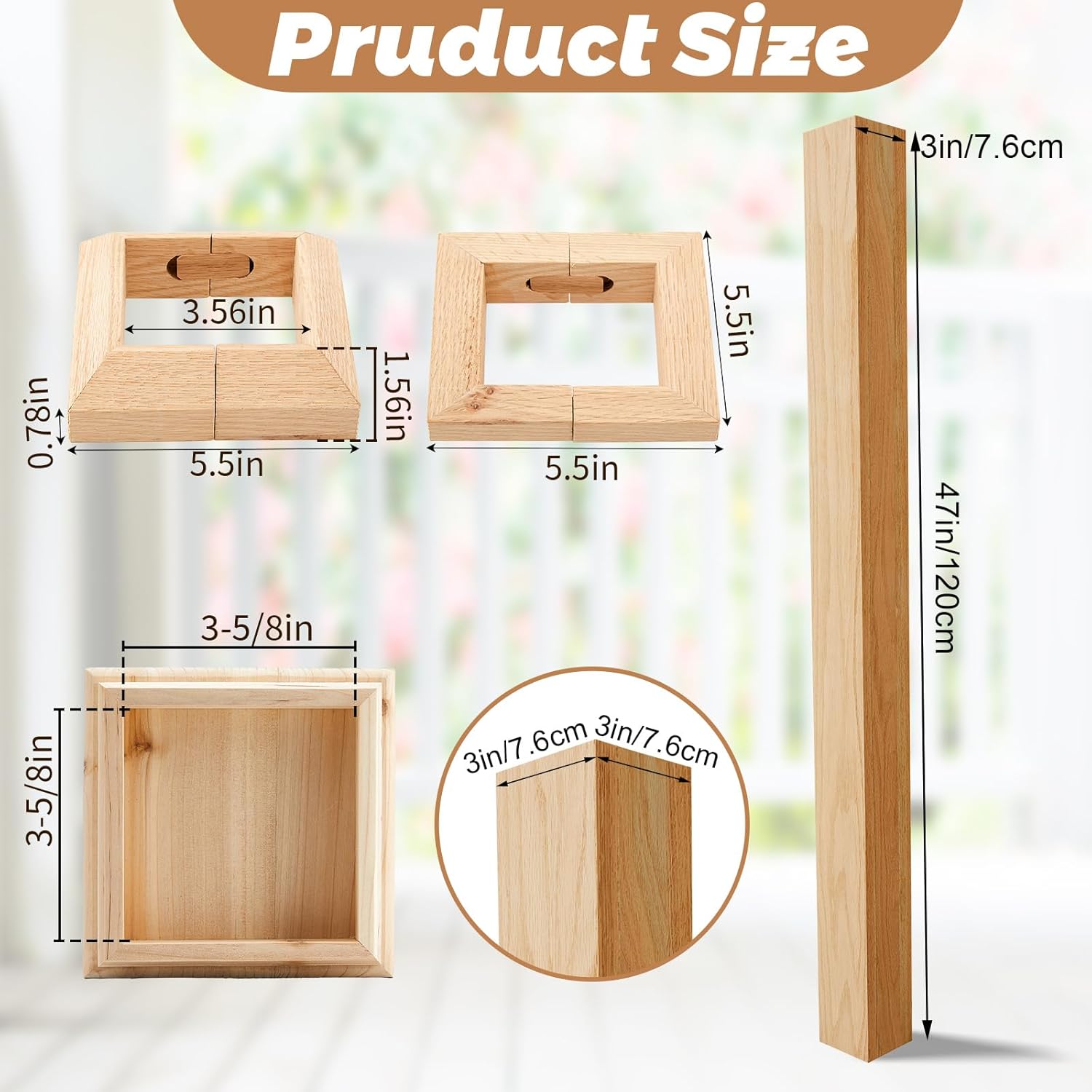 3.5" x 3.5" x 48" Solid Red Oak Stair Wood Newel Post Kit Wooden Balusters Skirt Wood Post with Stair Cap Deck Base Bracket Cover for Staircase Interior Railing Newels for Stairs Handrail