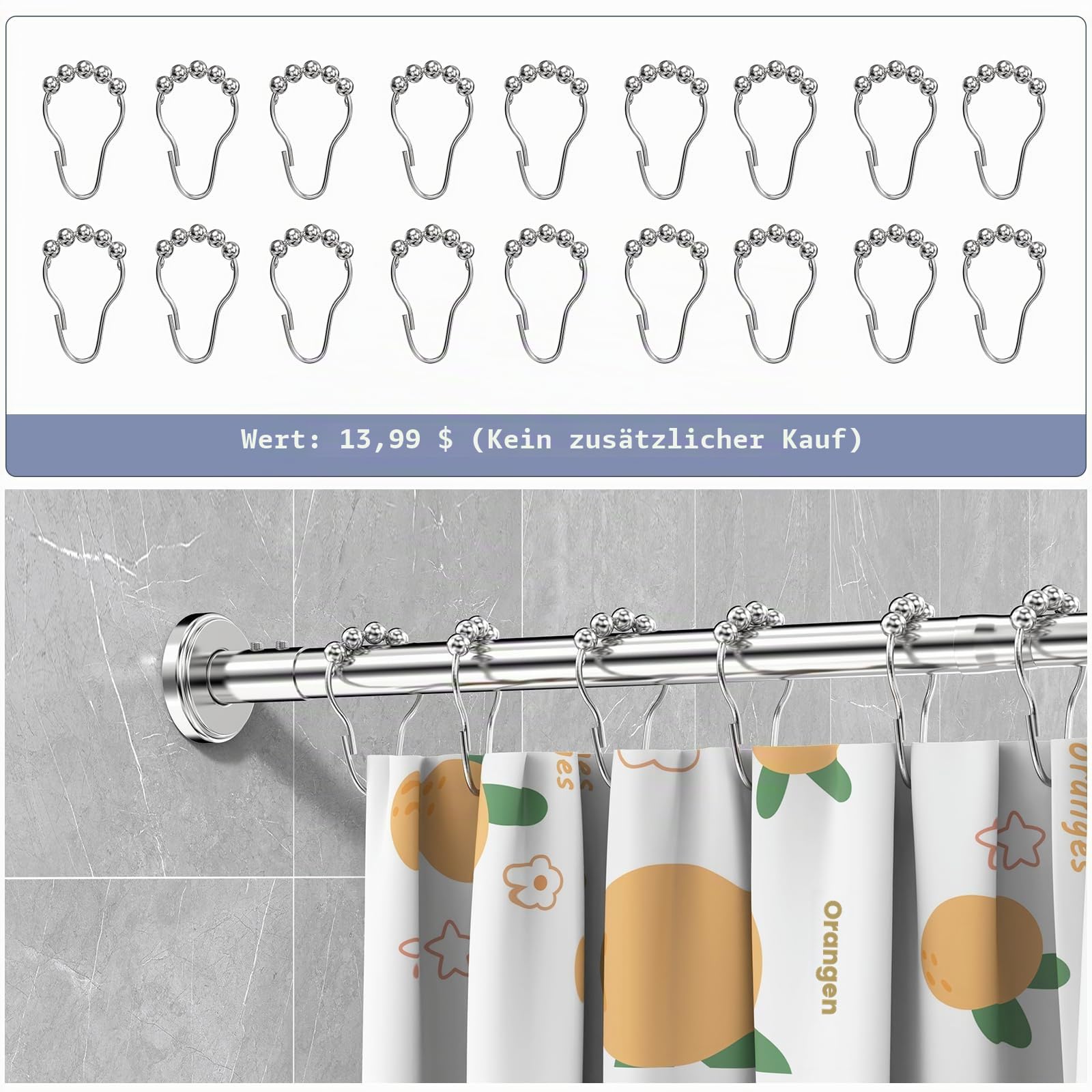 Duschvorhangstange L Form Ohne Bohren Ecke Halterung 70-100x110-170cm - Duschstange Für Duschvorhang Badewanne Schiene - Ohne Deckenhalterung - 304 Rostfreier Stahl - Inkl. 18 Ringe