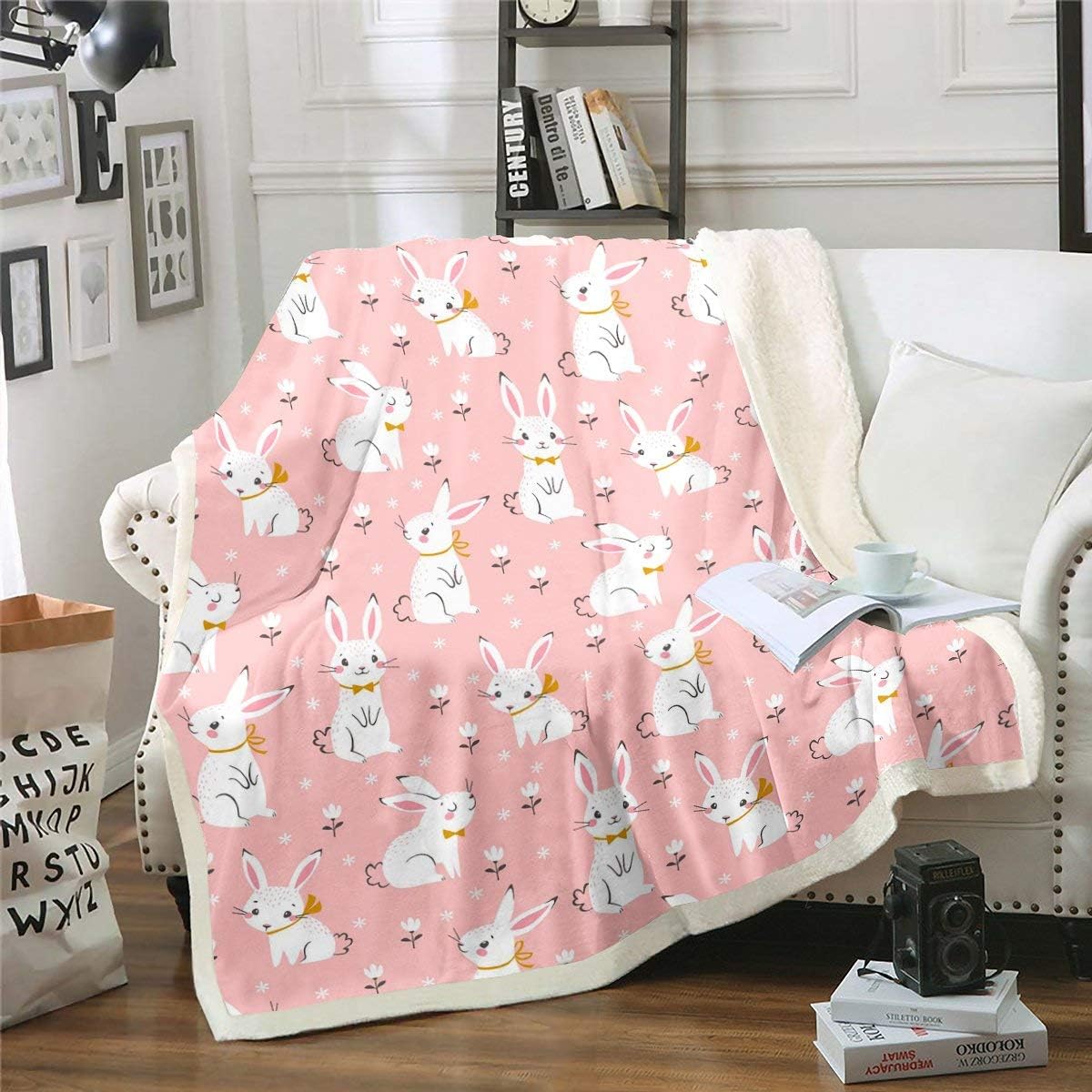 Cute Rabbit Plush Blanket Cartoon Bunny Pink Sherpa Blanket